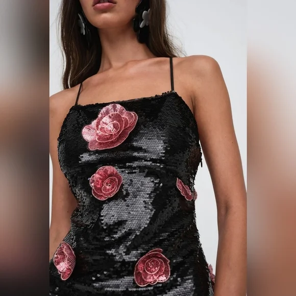 For Love & Lemons Jude Mini Dress Black / Pink Floral Sequin Dress Sz Xs - Picture 4 of 14